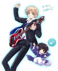 Rule 34 | 2boys, :d, axis powers hetalia, black jacket, black pants, blonde hair, blue kimono, blue neckwear, brown eyes, brown hair, chibi, closed mouth, collared shirt, commentary request, electric guitar, feet out of frame, full body, green eyes, guitar, headphones, holding, holding instrument, instrument, jacket, japan (hetalia), japanese clothes, kimono, looking at viewer, male focus, multiple boys, music, musical note, necktie, open mouth, pants, playing instrument, shirt, short hair, simple background, smile, spoken musical note, suruga kasune, thick eyebrows, translation request, united kingdom (hetalia), white background, white pants, white shirt
