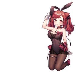 Rule 34 | 1girl, :3, animal ears, azur lane, bare shoulders, black choker, bow, breasts, brown leotard, rabbit ears, choker, fake animal ears, gloves, hair ornament, highres, i-19 (azur lane), i-19 (blossoming bunny) (azur lane), kneeling, komeshiro kasu, large breasts, leotard, long hair, looking at viewer, manjuu (azur lane), official alternate costume, official art, pantyhose, red bow, red eyes, red hair, solo, strapless, strapless leotard, thigh strap, transparent background, white gloves, x hair ornament