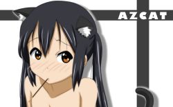 Rule 34 | 1girl, animal ears, bad id, bad pixiv id, black hair, blush, brown eyes, cat ears, cat tail, completely nude, food, highres, k-on!, long hair, nakano azusa, nude, oku no shi, pocky, solo, tail, twintails