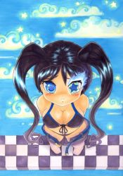Rule 34 | 1girl, belt, bikini, black bikini, black hair, black rock shooter, black rock shooter (character), black shorts, blue belt, blush, breasts, cleavage, cloud, collarbone, destinyblue, flaming eye, from above, large breasts, long hair, looking at viewer, looking up, navel, open fly, shorts, sky, standing, star-shaped pupils, star (sky), star (symbol), swimsuit, symbol-shaped pupils, tears, twintails, open belt
