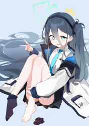 Rule 34 | 1girl, absurdly long hair, absurdres, aris (blue archive), ass, black hair, black hairband, black skirt, black socks, blue archive, blue eyes, blue necktie, blush, collared shirt, green halo, hairband, halo, highres, jacket, long hair, long sleeves, looking at viewer, necktie, one side up, open clothes, open jacket, open mouth, pleated skirt, shirt, skirt, smile, socks, solo, toes, v, very long hair, wako (1194433260), white jacket, white shirt