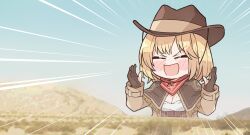 Rule 34 | 1girl, adapted costume, black gloves, blonde hair, breasts, brown coat, brown headwear, cleavage, closed eyes, closed mouth, coat, cowboy hat, cowgirl (western), gloves, hat, highres, hololive, hololive english, kukie-nyan, medium breasts, medium hair, mole, mole on breast, open mouth, partially fingerless gloves, virtual youtuber, watson amelia, watson amelia (1st costume)