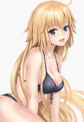 1girl, :d, ahoge, bare shoulders, bikini, black bikini, blonde hair, blue eyes, breasts, cleavage, eyebrows visible through hair, fate/apocrypha, fate (series), front-tie bikini, front-tie top, grey background, hair between eyes, hair over shoulder, halterneck, highres, jeanne d&#039;arc (fate), jeanne d&#039;arc (fate) (all), long hair, looking at viewer, open mouth, resolution mismatch, shinno, simple background, smile, solo, swimsuit