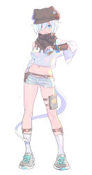 Rule 34 | 1girl, absurdres, blue eyes, blue shorts, bracelet, breasts, brown hat, brown scarf, closed mouth, covered horns, cropped shirt, demon girl, demon tail, denim, denim shorts, enkyo yuuichirou, hat, hat pin, heterochromia, highres, horns, jewelry, legwear garter, looking at viewer, medium breasts, micro shorts, midriff, navel, off-shoulder shirt, off shoulder, original, pink eyes, scarf, shirt, shoes, shorts, simple background, smile, socks, solo, standing, tail, torn clothes, torn shorts, white background, white shirt, white socks
