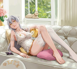Rule 34 | 1girl, cat, closed mouth, couch, crossed legs, curtains, cushion, doll, flower, full body, highres, homu (honkai impact), honkai (series), honkai impact 3rd, indoors, kiana kaslana, kiana kaslana (herrscher of the void), lips, long hair, looking at viewer, lying, nightgown, on back, pajamas, pink flower, pink rose, rose, single thighhigh, smile, thighhighs, toes, tristana-shen, white hair, white thighhighs, window, yellow eyes