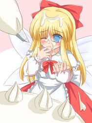 Rule 34 | 1girl, blonde hair, blue eyes, blush, bow, cake, female focus, food, food on face, hair bow, icing, long hair, no pupils, pastry, pastry bag, ry (yagoyago), sexually suggestive, shanghai doll, smile, solo, touhou