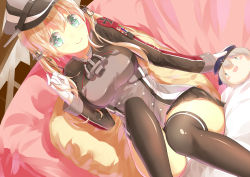 Rule 34 | 1girl, anchor hair ornament, black ribbon, black skirt, blonde hair, blush, breasts, character doll, cross, dutch angle, gloves, hair ornament, hair ribbon, twirling hair, hat, highres, iron cross, jacket, kantai collection, long sleeves, low twintails, medium breasts, microskirt, military, military hat, military uniform, no nose, panties, pantyshot, peaked cap, pillow, pleated skirt, prinz eugen (kancolle), ribbon, shippitsu, sitting, skirt, smile, solo, symbol-shaped pupils, twintails, underwear, uniform, white gloves, white panties