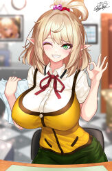 Rule 34 | 1girl, absurdres, blurry, blurry background, blush, breasts, chair, curly hair, elara (vtuber), fangs, fellatio gesture, green eyes, highres, huge breasts, large breasts, nez-box, one eye closed, open mouth, paper, pointy ears, smile, solo, teeth, vest, virtual youtuber