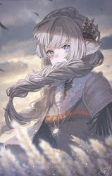 Rule 34 | 1girl, aky ami, animal ears, blue eyes, blush, braid, cloud, day, grey hair, jewelry, long hair, looking at viewer, necklace, original, outdoors, sky, solo, standing, tassel, wheat, wheat field