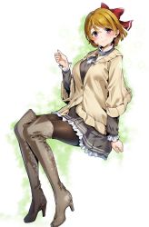 Rule 34 | 1girl, black pantyhose, black skirt, boots, bow, brown hair, brown thighhighs, closed mouth, commentary request, full body, hair bow, high heel boots, high heels, highres, koizumi hanayo, long sleeves, looking at viewer, love live!, love live! school idol project, nakano maru, pantyhose, pink eyes, red bow, sitting, skirt, smile, solo, thigh boots, thighhighs, white background