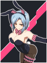 Rule 34 | 10s, 1girl, akuma no riddle, animal ears, annosada, bad id, bad pixiv id, bare shoulders, black gloves, black pantyhose, blue hair, blush, bow, bowtie, breasts, bridal garter, cleavage, detached collar, elbow gloves, fake animal ears, gloves, highres, large breasts, leotard, looking at viewer, pantyhose, playboy bunny, rabbit ears, rabbit tail, short hair, shutou suzu, simple background, smile, solo, tail, wrist cuffs, yellow eyes