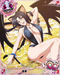 Rule 34 | 10s, 1girl, animal ears, artist request, bishop (chess), black hair, bracelet, breasts, card (medium), cat ears, cat girl, cat tail, character name, chess piece, cleavage, demon wings, covered erect nipples, female focus, hair rings, high school dxd, high school dxd infinity, jewelry, kuroka (high school dxd), large breasts, lipstick, long hair, makeup, multiple tails, official art, open mouth, purple lips, slingshot swimsuit, slit pupils, smile, solo, swimsuit, tail, trading card, wings, yellow eyes