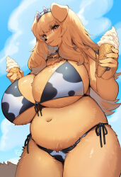 Rule 34 | 1girl, :p, animal hands, animal print, bell, bikini, blonde hair, blue sky, body fur, breasts, cloud, commentary request, cow horns, cow print, cowbell, day, fake horns, fingernails, food, furry, furry female, highres, holding, holding food, holding ice cream, horns, huge breasts, ice cream, ice cream cone, kishibe, long hair, looking at viewer, navel, neck bell, orange eyes, orange fur, original, outdoors, plump, print bikini, side-tie bikini bottom, sky, solo, swimsuit, tongue, tongue out, white bikini