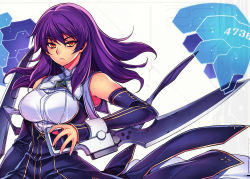 Rule 34 | 1girl, absurdres, aoi teslad, bare shoulders, cleavage cutout, clothing cutout, dress, fingerless gloves, freezing (series), gloves, highres, huge filesize, kim kwang hyun, lips, long hair, looking at viewer, official art, orange eyes, parted lips, purple hair, scan, sleeveless, sleeveless dress, solo, sword, weapon