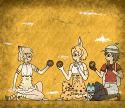 Rule 34 | 10s, 3girls, 7kita, animal ears, backpack, bag, bare shoulders, belt, black eyes, black gloves, black hair, black legwear, blonde hair, bow, bowtie, brown footwear, brown hair, bucket hat, cat ears, cat tail, clenched hand, closed mouth, commentary request, crack, egyptian art, elbow gloves, closed eyes, food, from side, full body, gloves, hat, hat feather, high-waist skirt, highres, holding, holding food, japari bun, kaban (kemono friends), kemono friends, kita (7kita), legs apart, lucky beast (kemono friends), multicolored hair, multiple girls, on one knee, pantyhose, profile, red shirt, sand cat (kemono friends), serval (kemono friends), serval print, serval tail, shirt, shoes, short hair, short sleeves, skirt, sleeveless, sleeveless shirt, standing, striped tail, tail, thighhighs, two-tone hair, white bow, white footwear, white shirt, yellow background