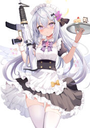 Rule 34 | 1girl, alternate costume, angel wings, apron, assault rifle, azusa (blue archive), blue archive, blush, cake, cake slice, closed mouth, enmaided, feathered wings, food, frilled apron, frills, gun, hair between eyes, highres, holding, holding tray, long hair, looking at viewer, m4 carbine, maid, maid apron, maid headdress, purple eyes, retsuto, revision, rifle, simple background, solo, thighhighs, tray, weapon, white apron, white background, white hair, white thighhighs, white wings, wings