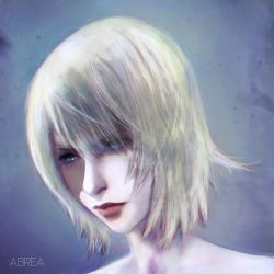 Rule 34 | 1girl, abrea, absurdres, aya brea, bare shoulders, blonde hair, blue background, highres, parasite eve, parasite eve the 3rd birthday, portrait, simple background, solo