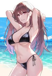Rule 34 | 1girl, aosaki yukina, armpits, arms up, bare arms, bare shoulders, beach, bikini, black bikini, blue sky, breasts, brown hair, character request, cloud, commentary request, copyright request, cowboy shot, day, grin, hair ornament, hairclip, highres, large breasts, long hair, looking at viewer, navel, original, outdoors, parted lips, purple eyes, side-tie bikini bottom, sky, smile, solo, standing, stomach, swimsuit, thighs, very long hair, water