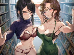 Rule 34 | 2girls, apron, bare shoulders, black bra, black hair, blue sweater, blush, bookshelf, bra, breasts, brown hair, cleavage, clothes lift, collarbone, glasses, green apron, highres, lace, lace-trimmed bra, lace trim, large breasts, long hair, looking at viewer, male underwear, male underwear pull, mole, mole under eye, multiple girls, original, panties, parted bangs, purple eyes, red bra, red panties, ribbed sweater, sage joh, sweater, swept bangs, turtleneck, turtleneck sweater, underwear