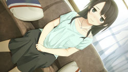Rule 34 | 1girl, arishima nahoko, asymmetrical bangs, black hair, blue eyes, blush, bra strap, collarbone, couch, cura, dutch angle, flat (company), game cg, highres, jewelry, long hair, looking at viewer, mole, mole under eye, monobeno, necklace, off-shoulder shirt, off shoulder, pillow, shirt, sitting, skirt, smile, solo