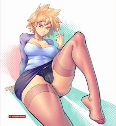 Rule 34 | 10s, 1girl, bakugou mitsuki, black panties, blonde hair, boku no hero academia, breasts, cleavage, facing viewer, glaring, highres, knee up, large breasts, leg up, looking at viewer, mature female, medium breasts, middle finger, miniskirt, no shoes, panties, pantyshot, pencil skirt, purple skirt, red eyes, short hair, simple background, sitting, skindentation, skirt, solo, spiked hair, supersatanson, tagme, thick thighs, thighhighs, thighs, underwear, upskirt, white background, zettai ryouiki