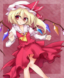 Rule 34 | 1girl, :o, ascot, bad id, bad pixiv id, blonde hair, blush, bow, dress, fang, female focus, flandre scarlet, gradient background, huna, open mouth, red eyes, short hair, solo, touhou, wings