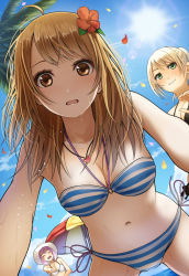 Rule 34 | 3girls, all fours, bare arms, beach umbrella, bikini, blonde hair, blue bikini, blush, breasts, brown eyes, brown hair, cleavage, closed eyes, collarbone, day, embarrassed, flower, from below, green eyes, hair flower, hair ornament, hat, heart, heart necklace, hibiscus, jewelry, kentaurosu, laughing, lens flare, long hair, looking at viewer, looking down, medium breasts, multiple girls, navel, necklace, open mouth, original, outdoors, parted lips, petals, pointing, pov, purple hair, short hair, side-tie bikini bottom, smile, striped bikini, striped clothes, sun, sunlight, swimsuit, umbrella, water, wet