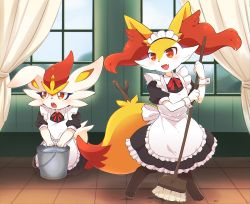 Rule 34 | 2girls, absurdres, animal ear fluff, animal ears, animal feet, animal hands, animal nose, apron, black dress, black fur, blue sky, blush, body fur, braixen, buck teeth, bucket, chromatic aberration, cinderace, cleaning, clothed pokemon, collared dress, creatures (company), curtains, day, dress, embarrassed, fang, female focus, flat chest, fox ears, fox girl, fox tail, frilled apron, frilled dress, frills, full body, furry, furry female, game freak, gen 6 pokemon, gen 8 pokemon, hands up, happy, highres, holding, holding mop, indoors, kneeling, legs apart, looking down, looking to the side, maid, maid apron, maid headdress, mop, multiple girls, neck ribbon, nintendo, open mouth, outline, pokemon, pokemon (creature), puffy short sleeves, puffy sleeves, rabbit ears, rabbit girl, rabbit tail, red eyes, red fur, red hair, red ribbon, ribbon, short hair, short sleeves, skin fang, sky, smile, standing, stick, subaru331, tail, teeth, water, white apron, white fur, window, wrist cuffs, yellow fur