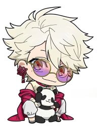 Rule 34 | 1boy, ahoge, blue lock, brown eyes, chibi, glasses, jacket, kira ryousuke, looking at viewer, male focus, messy hair, pants, stuffed toy, red jacket, shirt, simple background, solo, white background, white hair, white pants, white shirt