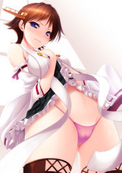 Rule 34 | 10s, 1girl, bad id, bad pixiv id, between breasts, blue eyes, breasts, brown hair, clothes lift, detached sleeves, g-string, hairband, hand on own chest, headgear, hiei (kancolle), highleg, highleg panties, japanese clothes, kantai collection, looking at viewer, navel, nontraditional miko, orange (satsurikukuma), panties, short hair, skirt, skirt lift, solo, thighhighs, thong, underwear