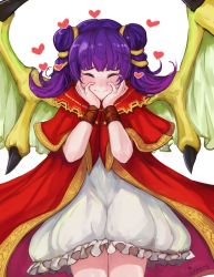 Rule 34 | 1girl, artist name, blush, closed mouth, dragon wings, dress, closed eyes, fire emblem, fire emblem: the sacred stones, hands on own face, heart, highres, ippers, multi-tied hair, myrrh (fire emblem), nintendo, purple hair, simple background, smile, solo, twintails, white background, wings