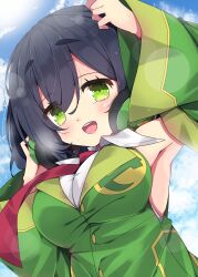 Rule 34 | 1girl, :d, absurdres, arm up, armpits, black hair, blue sky, blush, breasts, cloud, collared shirt, commentary request, day, dress shirt, green eyes, green sleeves, hair between eyes, headphones, headphones around neck, highres, kyoumachi seika, large breasts, long sleeves, milkpanda, necktie, open mouth, outdoors, red necktie, shirt, short eyebrows, sky, sleeveless, sleeveless jacket, smile, solo, sweat, teeth, thick eyebrows, upper teeth only, voiceroid, white shirt, wide sleeves