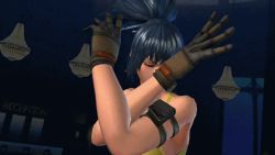 Rule 34 | 1boy, 1girl, 3d, animated, animated gif, attack, bare shoulders, blue eyes, blue hair, boots, breasts, brown gloves, brown hair, fire, gloves, indoors, jacket, kusanagi kyou, large breasts, leona heidern, midriff, pants, ponytail, punching, snk, solo focus, standing, tank top, the king of fighters, the king of fighters xiv, uppercut, v