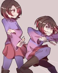 Rule 34 | angry, bete noire, bone, boots, brown hair, glitchtale, pink shirt, purple shirt, red eyes, red hair, red skirt, shirt, short hair, skirt