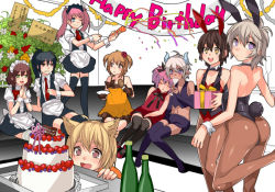 Rule 34 | 6+boys, animal ears, ass, bad id, bad pixiv id, black hair, blue eyes, bottle, brown eyes, brown hair, cake, colorized, crossdressing, cup, dress, drinking glass, closed eyes, fake animal ears, food, gift, happy birthday, horns, knees together feet apart, leg up, looking back, maid, maid headdress, makuro, male focus, male playboy bunny, midriff, multiple boys, navel, necktie, one eye closed, open mouth, original, own hands together, pantyhose, parted lips, party popper, pink hair, playboy bunny, ponytail, purple eyes, rabbit ears, sitting, sleeping, smile, streamers, thighhighs, translation request, trap, two side up, wine glass, wink, wrist cuffs, zettai ryouiki