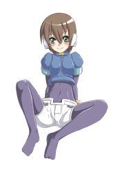 Rule 34 | 1girl, aile (mega man zx), arm support, blush, bodystocking, breasts, brown hair, covered navel, green eyes, hair between eyes, leaning back, mega man (series), mega man zx, pantyhose, puffy short sleeves, puffy sleeves, robot ears, semikichi, short hair, short shorts, short sleeves, shorts, simple background, skin tight, smile, spread legs, white background, white shorts
