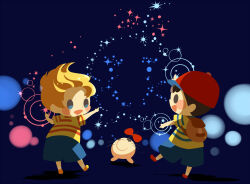 Rule 34 | 2boys, black background, blonde hair, blue background, blue shorts, blush stickers, doseisan, full body, hitofutarai, looking at another, looking up, lucas (mother 3), magic, male focus, mother (game), mother 2, mother 3, multiple boys, ness (mother 2), nintendo, open mouth, pointing, red footwear, red headwear, shirt, shorts, socks, solid oval eyes, standing, striped clothes, striped shirt, white socks
