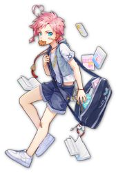 Rule 34 | 1boy, aqua eyes, artist request, bag, bandage on face, bandage on knee, bandages, bandaid, bandaid on face, bandaid on knee, bandaid on leg, book, bracelet, cookie, earrings, food, food in mouth, game cg, jewelry, mahjong soul, male focus, necklace, official art, pink hair, qi xi, shorts, simple background, solo, transparent background, white footwear, yostar