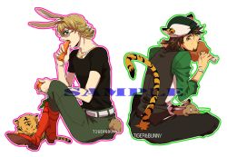 Rule 34 | 10s, 2boys, animal ears, bad id, bad pixiv id, barnaby brooks jr., blonde hair, boned meat, boots, brown eyes, brown hair, rabbit, rabbit ears, rabbit tail, cabbie hat, carrot, cub, eating, facial hair, food, glasses, green eyes, hat, jewelry, kaburagi t. kotetsu, kemonomimi mode, konami3521, meat, multiple boys, necklace, outline, shirt, stubble, t-shirt, tail, tiger, tiger &amp; bunny, tiger ears, tiger tail, vest, waistcoat