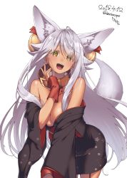 Rule 34 | 1girl, ahoge, animal ears, arm warmers, bare shoulders, bell, black kimono, blush, breasts, buckle, cleavage, collar, colored eyelashes, cowboy shot, dark-skinned female, dark skin, dated, floral print, fox ears, garter straps, hair bell, hair ornament, head tilt, herio, highres, japanese clothes, jingle bell, kimono, kimono pull, large breasts, leaning forward, long hair, looking at viewer, off shoulder, original, print kimono, shiny skin, silver hair, slit pupils, solo, standing, tareme, tattoo, twintails, very long hair