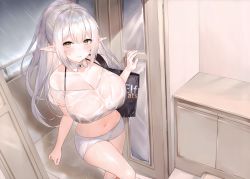 Rule 34 | 1girl, absurdres, bag, breasts, brown eyes, cleavage, closed mouth, elf, fingernails, highres, large breasts, lips, looking at viewer, midriff, navel, original, pointy ears, ponytail, rain, scan, see-through, shiny clothes, short sleeves, shorts, silver hair, simple background, solo, sora 72-iro, stomach, water, water drop, wet, wet clothes