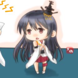 Rule 34 | 10s, 1girl, artist name, bare shoulders, black hair, chibi, commentary request, detached sleeves, eyebrows, fusou (kancolle), hair ornament, highres, japanese clothes, kantai collection, long hair, long sleeves, mini person, minigirl, nontraditional miko, open mouth, pleated skirt, red eyes, skirt, socks, sulking, taisa (kari), yamashiro (kancolle)