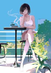 Rule 34 | 1girl, ashtray, balcony, bare legs, bare shoulders, barefoot, black hair, breasts, chainsaw man, chair, cigarette, crossed legs, eyepatch, feet, green eyes, hair between eyes, hand on own cheek, hand on own chin, hand on own face, head rest, highres, himeno (chainsaw man), large breasts, medium hair, one eye covered, outdoors, plant, sitting, sky, sleepless (wrysmile), smoke, smoking, solo, tank top, thighs, white tank top