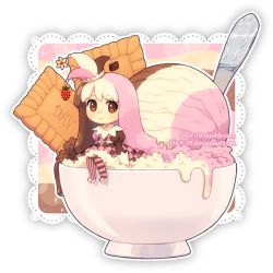 Rule 34 | 1girl, artist name, asymmetrical legwear, bowl, brown eyes, brown hair, checkered clothes, checkered dress, chibi, chocolate, closed mouth, commentary, dav-19, dress, flower, food, fruit, hat, ice cream, ice cream spoon, jester cap, juliet sleeves, lace background, long hair, long sleeves, looking at viewer, mismatched legwear, multicolored hair, neapolitan ice cream, orange flower, original, pantyhose, personification, pink hair, puffy sleeves, raspberry, sitting, smile, socks, solo, spoon, striped clothes, striped legwear, striped pantyhose, striped socks, transparent background, vertical-striped clothes, vertical-striped pantyhose, vertical-striped socks, very long hair, watermark, web address, white footwear, white hair