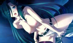 Rule 34 | 1girl, belt, blue eyes, breasts, censored, clothing aside, dutch angle, eyes visible through hair, game cg, girl on top, green hair, hair over one eye, izumi mahiru, large breasts, long hair, mosaic censoring, nipples, penis, pussy, sex, sheryl mcgregor, shorts, shorts aside, sweat, topless, vaginal, vermilion -bind of blood-