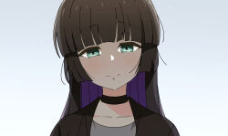 Rule 34 | 1girl, black choker, black hair, blush, bocchi the rock!, chin piercing, choker, closed mouth, collarbone, colored inner hair, commentary request, goumonsha, gradient background, green eyes, highres, hime cut, long hair, looking at viewer, multicolored hair, pa-san, purple hair, solo, upper body