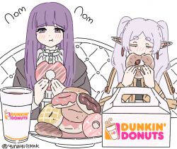 Rule 34 | 2girls, black robe, capelet, chair, coffee, coffee cup, cup, dangle earrings, disposable cup, doughnut, dress, drop earrings, dunkin&#039; donuts, earrings, eating, elf, fern (sousou no frieren), food, frieren, grey hair, holding doughnut, jewelry, light blush, long hair, multiple girls, plate, pointy ears, product placement, purple eyes, purple hair, robe, sitting, sousou no frieren, twintails, white capelet, white dress, yunayuispink