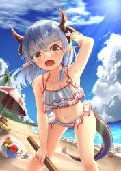 Rule 34 | 1girl, absurdres, armpits, bag, ball, bare arms, bare shoulders, beach umbrella, beachball, bikini, blindfold, blindfold lift, blue sky, brown eyes, cloud, collarbone, commentary request, conch, curled horns, day, dragon girl, dragon horns, dragon tail, fanmianjun, flower, flower wreath, frilled bikini, frills, highres, holding, horizon, horns, innertube, leaning forward, lifting own clothes, long hair, looking at viewer, navel, nyoon, ocean, open mouth, original, outdoors, palm tree, pink flower, pointy ears, red flower, silver hair, sky, solo, standing, starfish, suikawari, swim ring, swimsuit, tail, tree, triangle ring, umbrella, water, white bikini, white flower, yellow flower