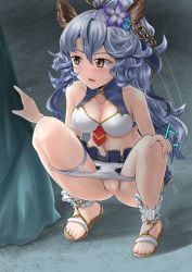 Rule 34 | 1girl, animal ears, bikini, bikini pull, blue hair, blue skirt, blush, breasts, brown eyes, brown footwear, censored, chain, cleavage, cleavage cutout, clothes pull, clothing cutout, collarbone, earrings, erune, ferry (granblue fantasy), flower, granblue fantasy, hair flower, hair ornament, hair ribbon, hand on own knee, have to pee, highres, homare (suzu no oka), jewelry, large breasts, long hair, looking to the side, navel, open mouth, ponytail, pussy, rabbit ears, rabbit girl, ribbon, rock, sandals, single earring, skirt, squatting, sweatdrop, swimsuit, thigh strap, white bikini
