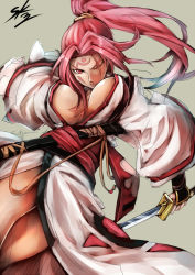 Rule 34 | 1girl, amputee, baiken, breasts, cleavage, guilty gear, japanese clothes, kataginu, katana, kimono, large breasts, long hair, obi, one-eyed, pink eyes, pink hair, ponytail, sash, scar, scar across eye, scar on face, sheath, solo, sowel (sk3), sword, tattoo, weapon